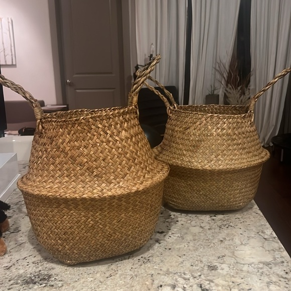 Other - 2 Folding Seagrass baskets Handmade, Loom Weave, Side handles, Plants, Storage